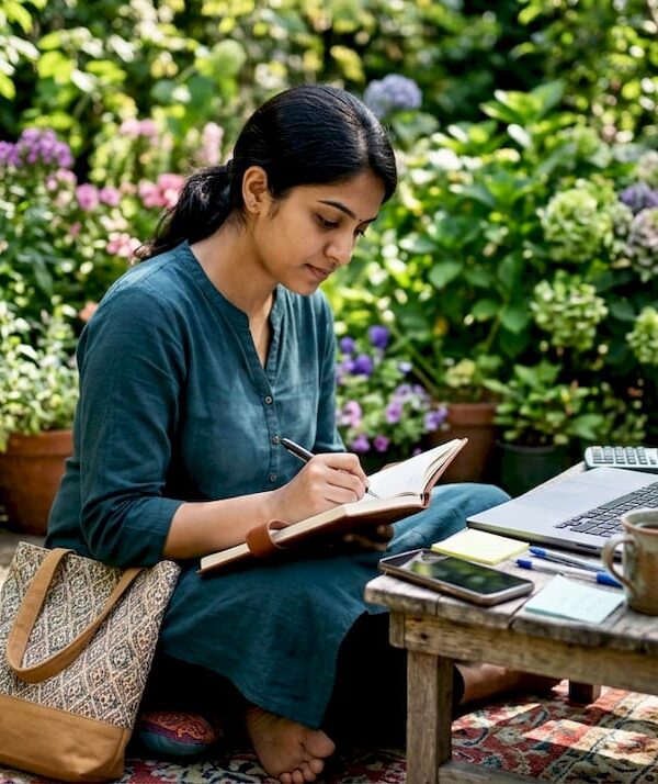 Freelancer writing income goals at home