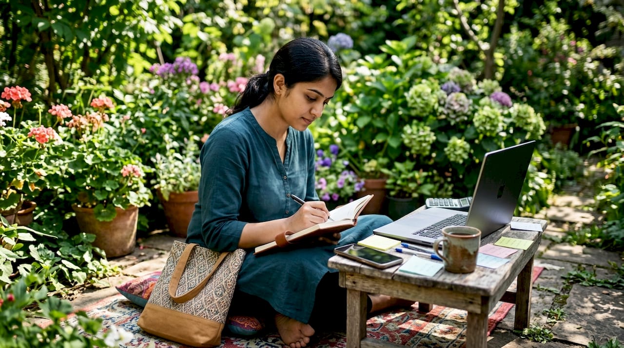 Freelancer writing income goals at home