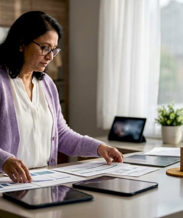 Woman organizing workflow charts at desk