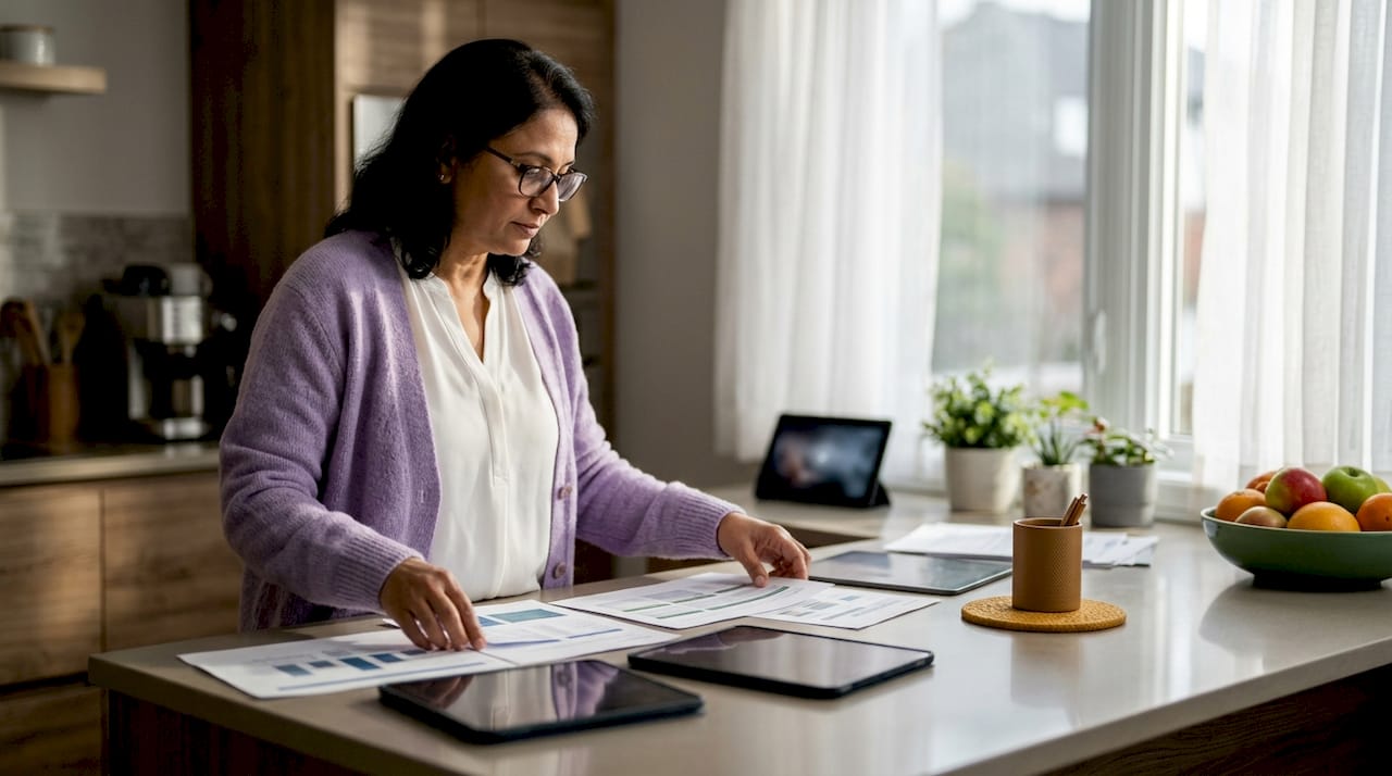 Woman organizing workflow charts at desk
