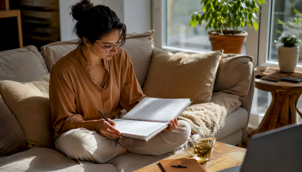 Solo founder reviewing business plan at home desk