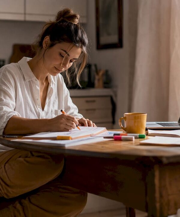 Solopreneur organizing planner at home desk