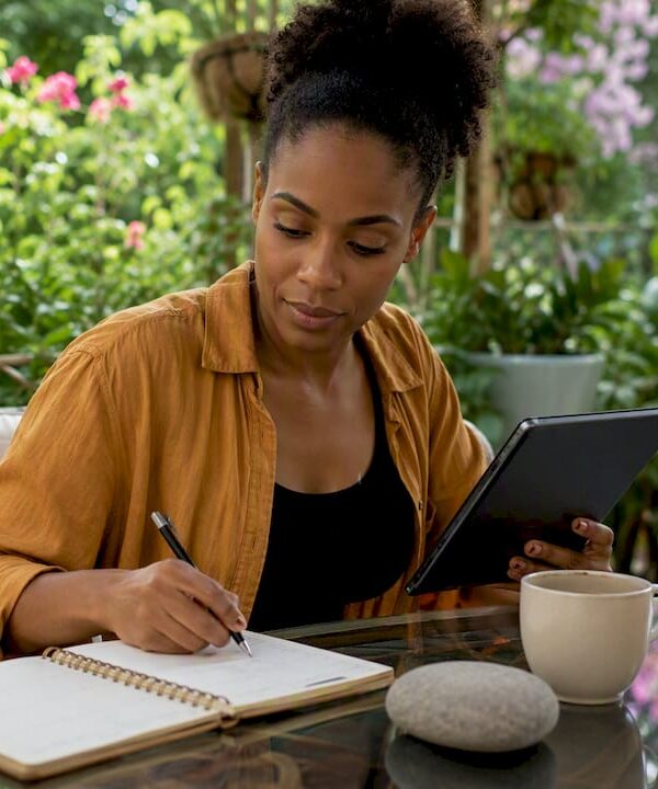 Woman managing tasks at home office desk