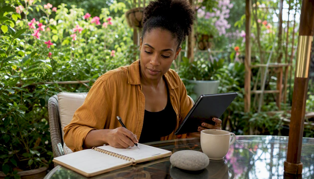 Woman managing tasks at home office desk