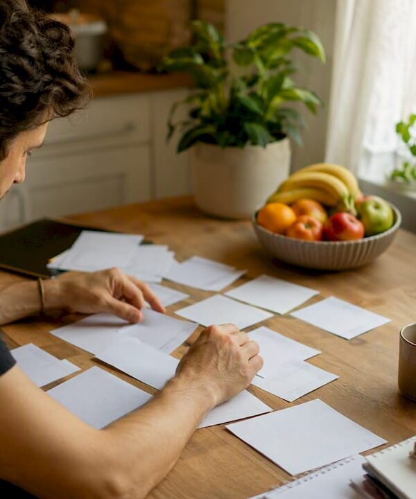Hands organizing monetization strategy notes