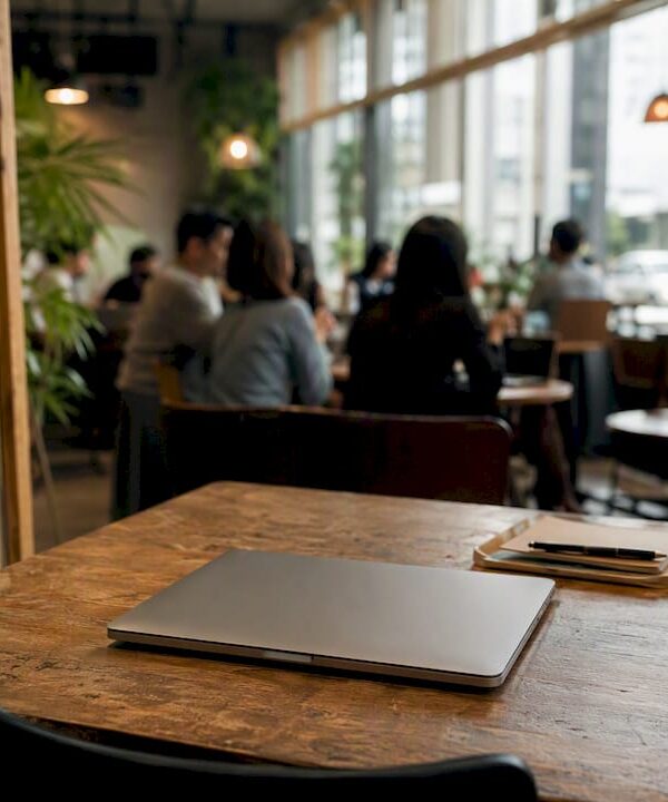 Desk with calendar, coffee cup, and laptop
