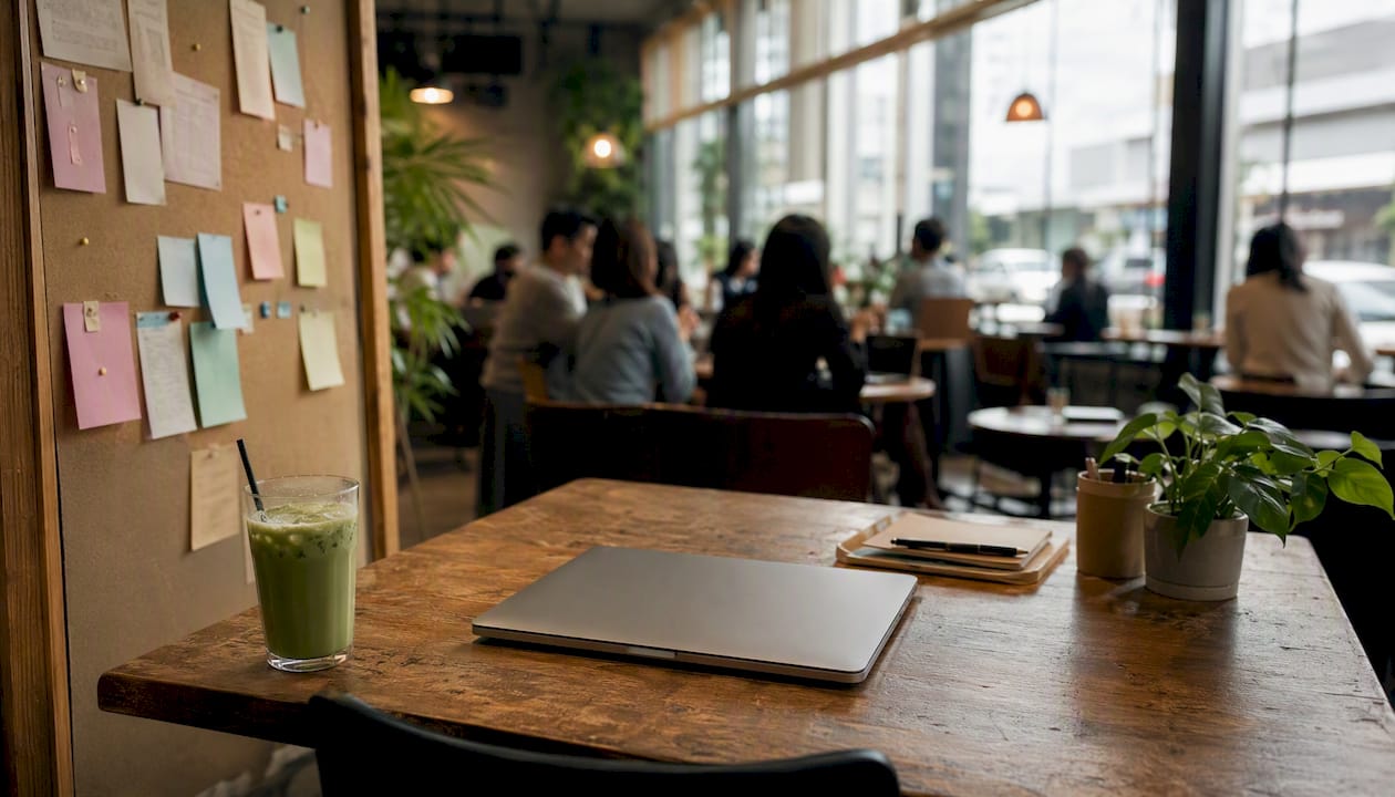 Desk with calendar, coffee cup, and laptop