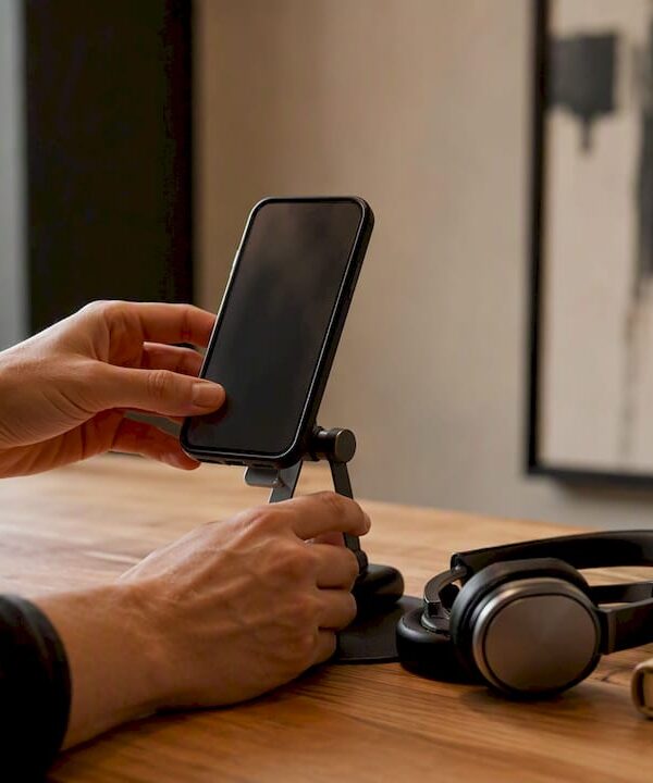 Hands adjusting smartphone and headset on desk