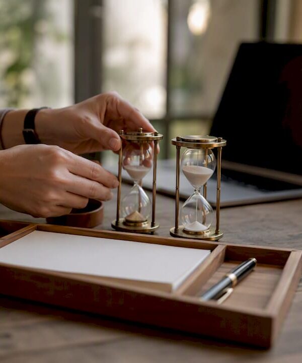 Hands arranging hourglasses for time-blocking