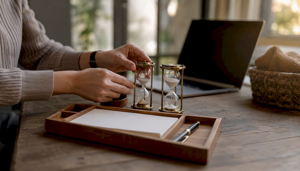 Hands arranging hourglasses for time-blocking