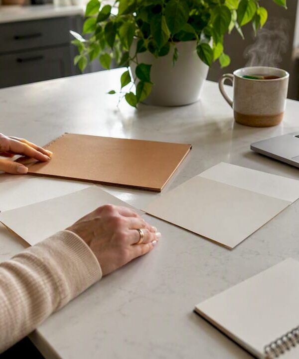 Hands arranging growth strategy materials on desk