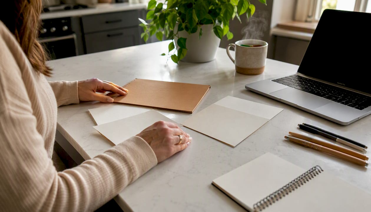 Hands arranging growth strategy materials on desk