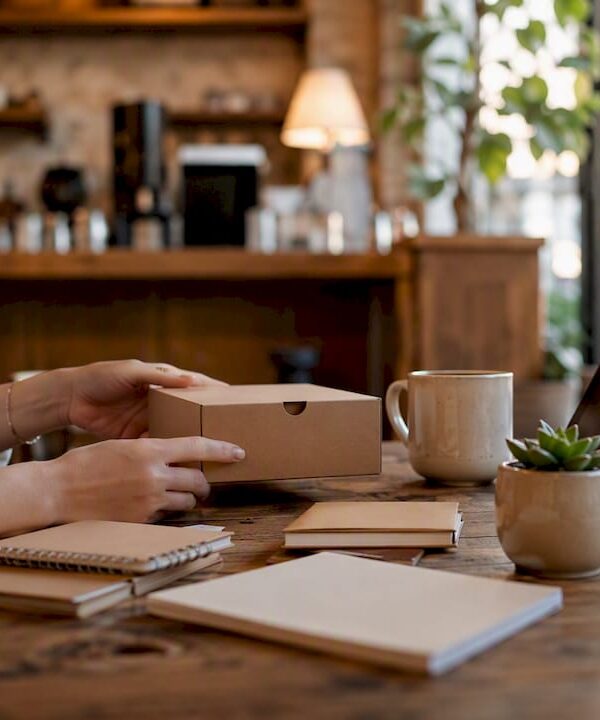 Hands arranging symbolic income stream items on wooden table