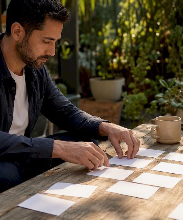 Hands arranging business workflow index cards