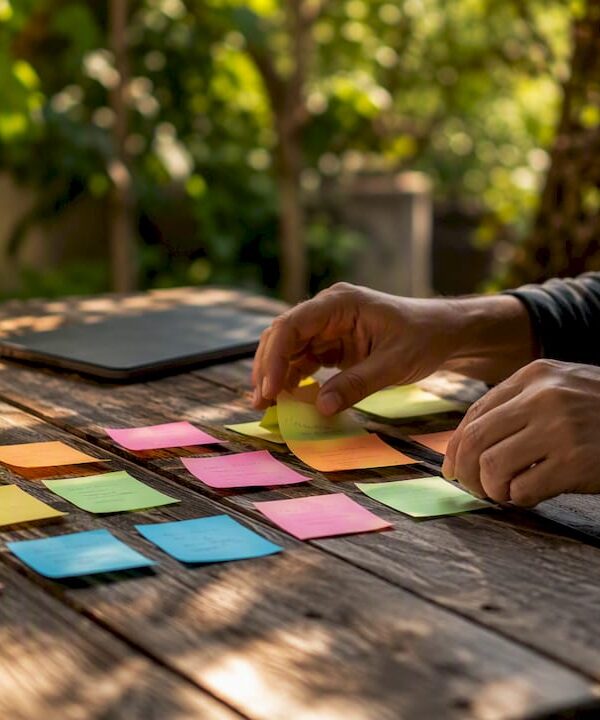 Hands arranging business plan checklist notes