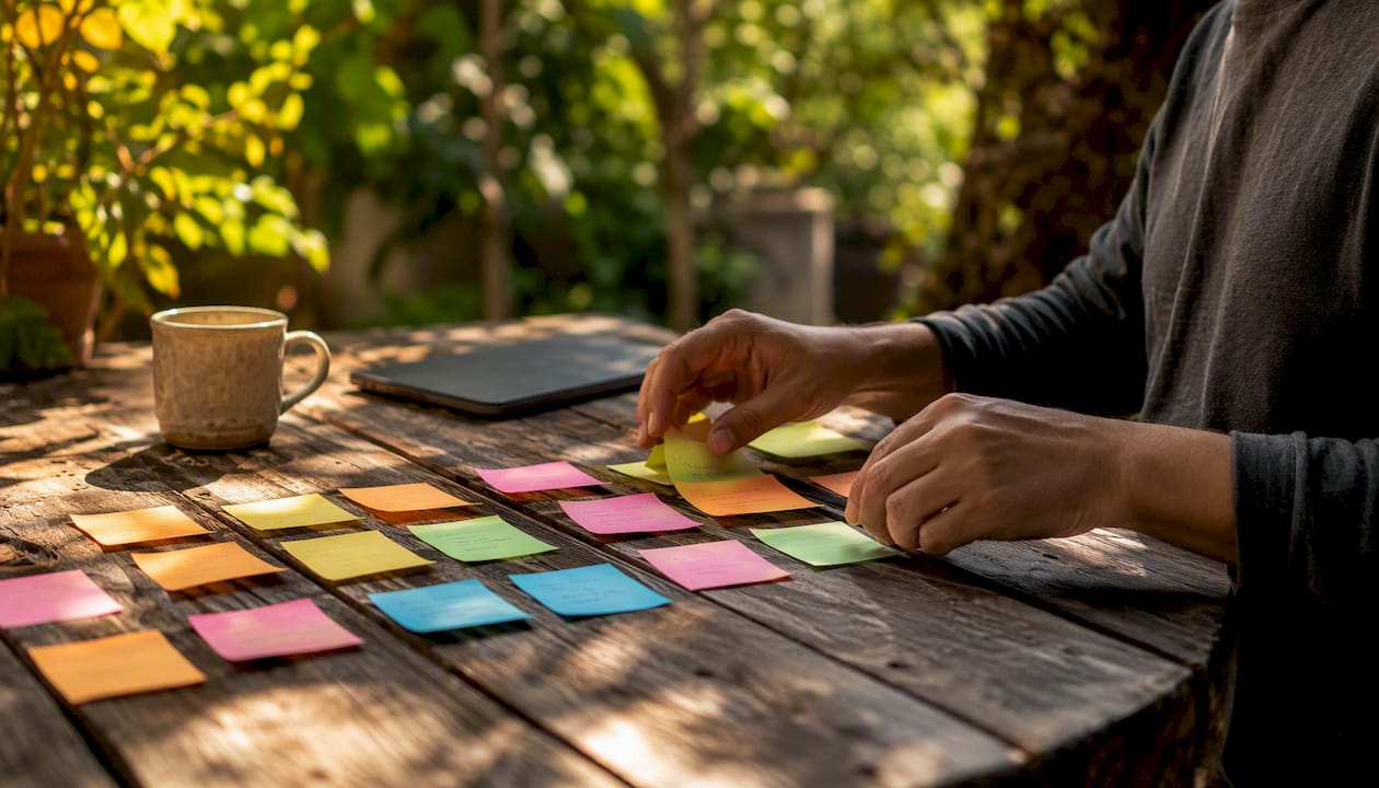 Hands arranging business plan checklist notes