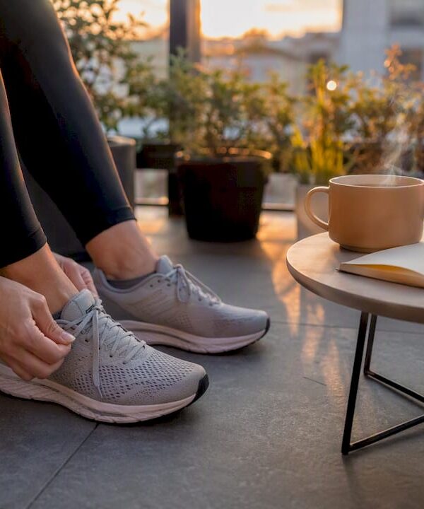 Hands tying running shoes with morning coffee nearby