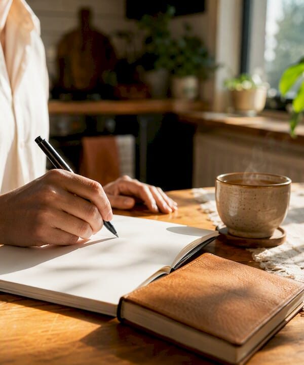 Hands writing brand story notes on notebook