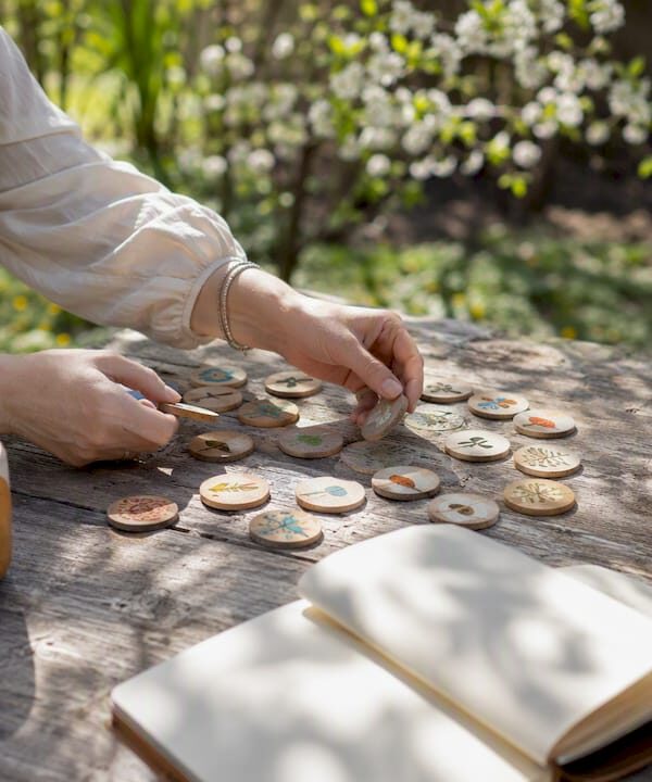 Hands arranging community ritual tokens