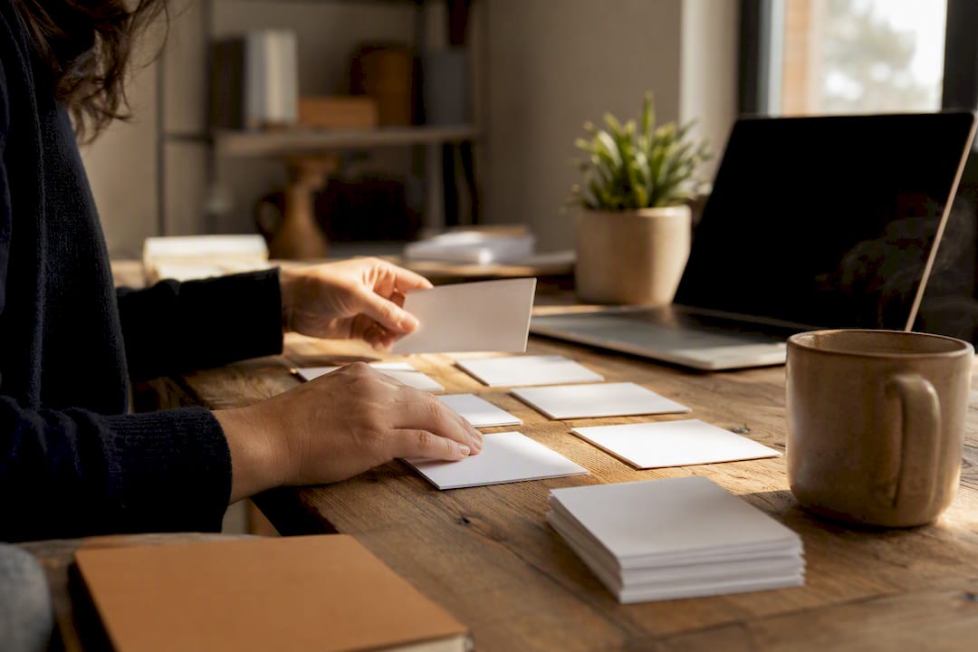 Hands organizing prompt library tools on desk