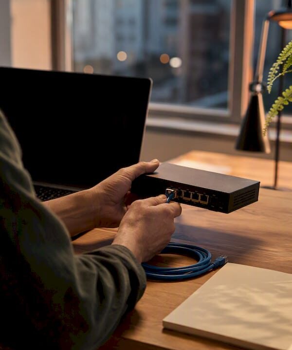 Hands adjusting cables on a tech device