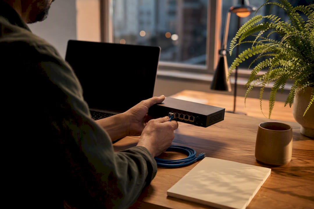 Hands adjusting cables on a tech device