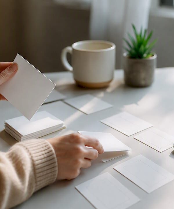 Hands arranging email sequence cards