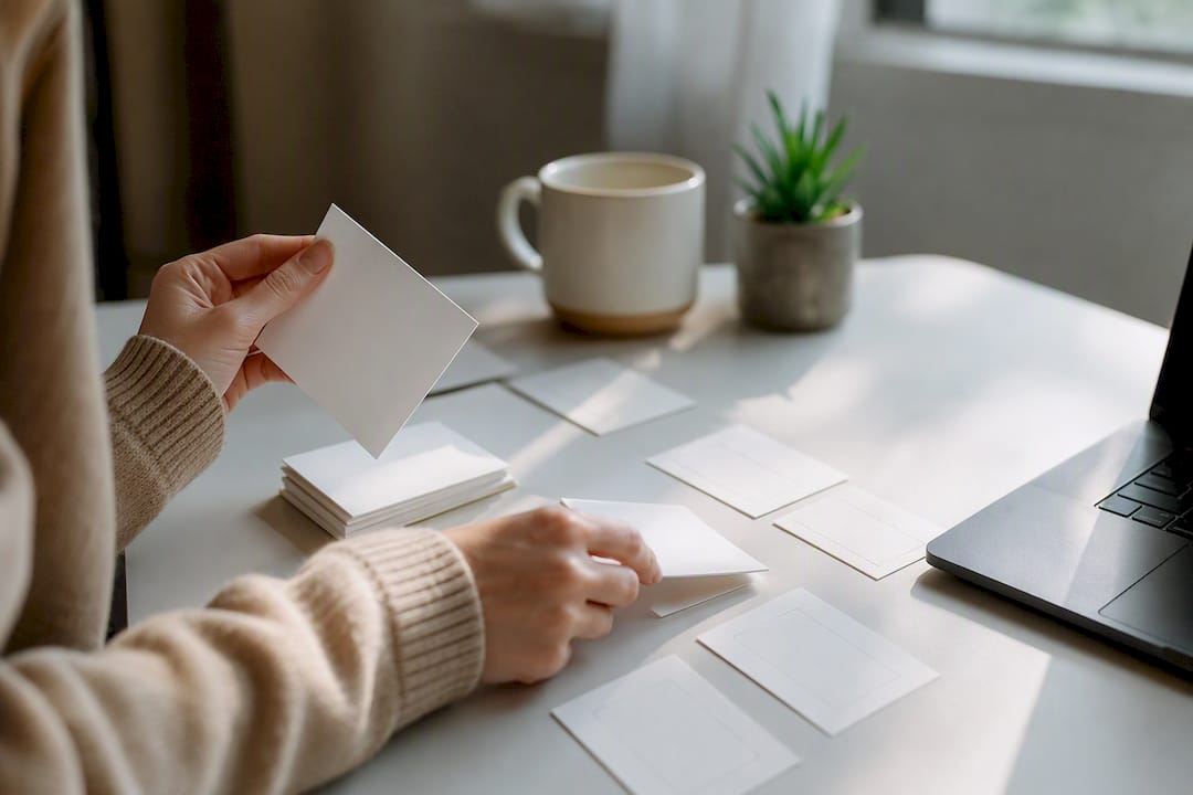 Hands arranging email sequence cards