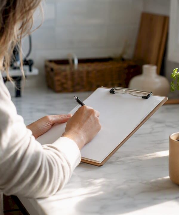 Hands arranging client onboarding checklist on desk