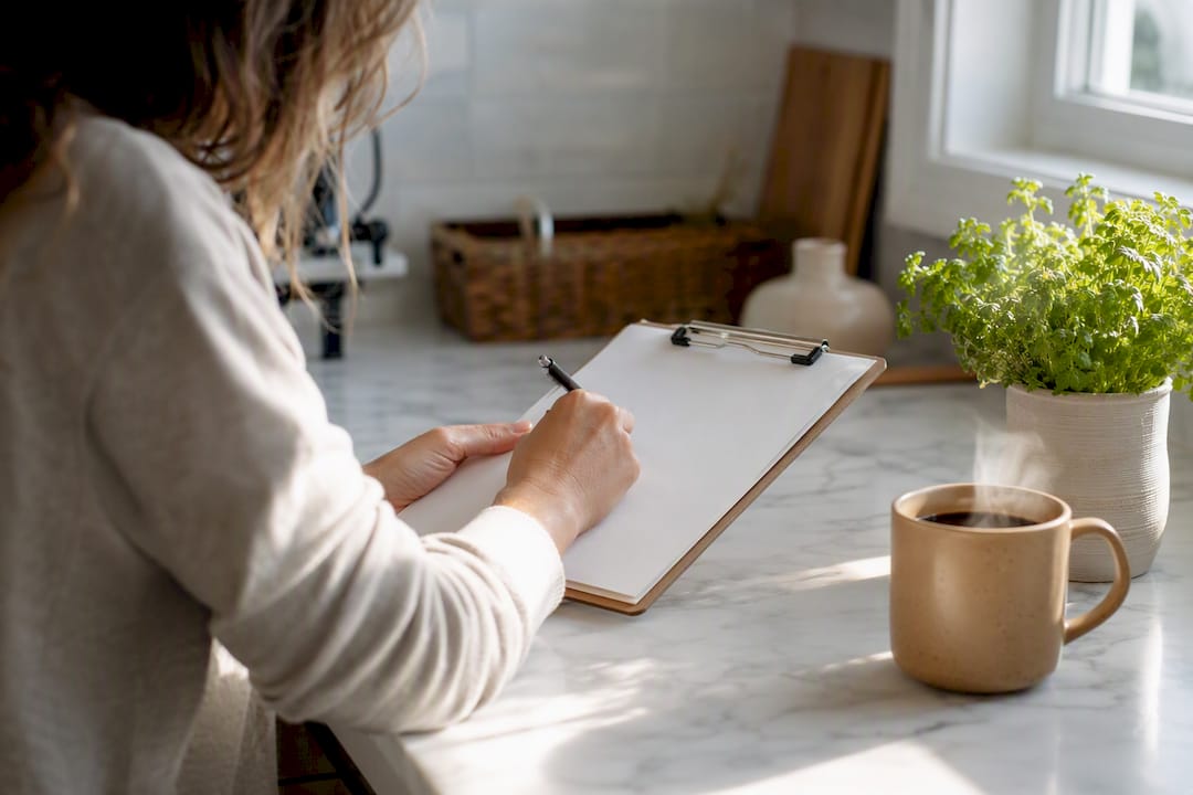 Hands arranging client onboarding checklist on desk