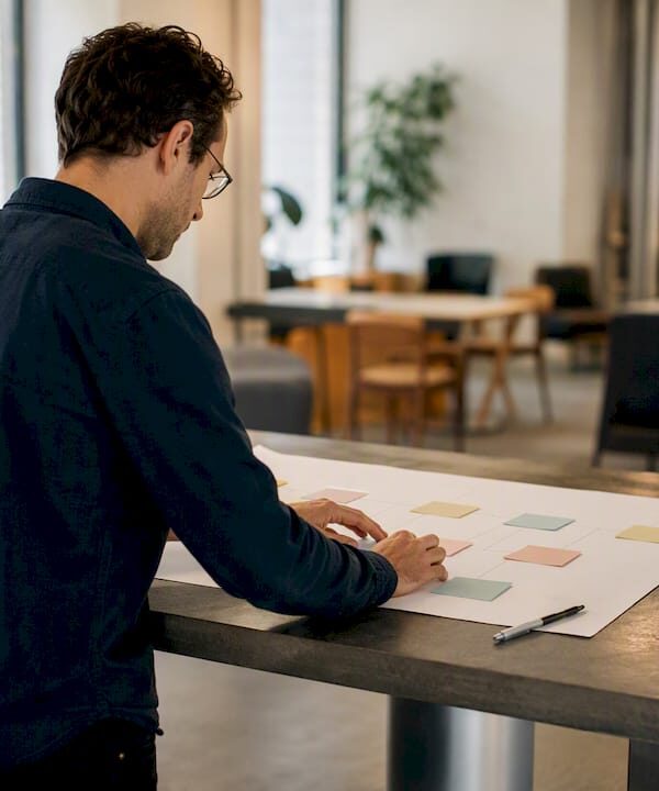 Hands arranging workflow notes on desk