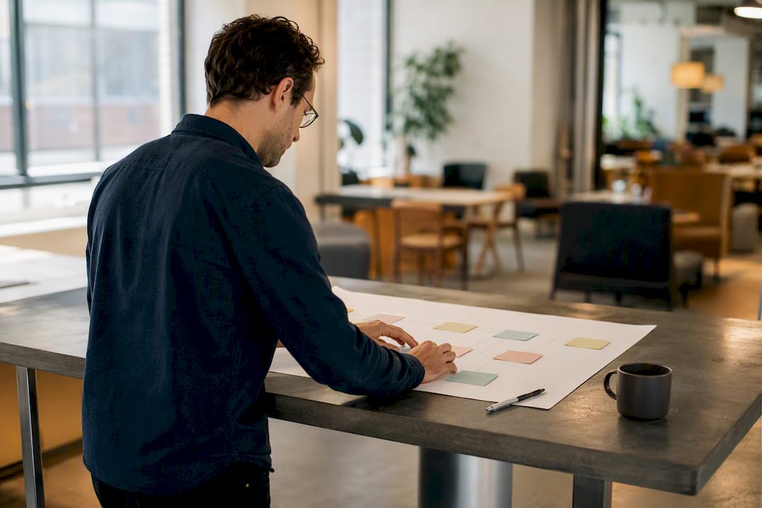 Hands arranging workflow notes on desk