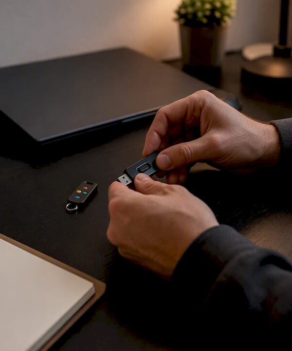 Hands preparing privacy tools on wooden desk