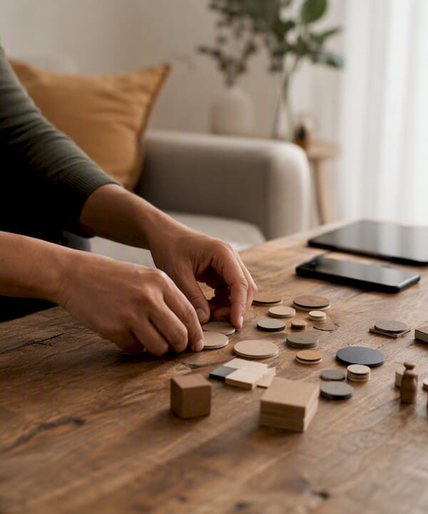 Hands arranging digital tool tokens on desk