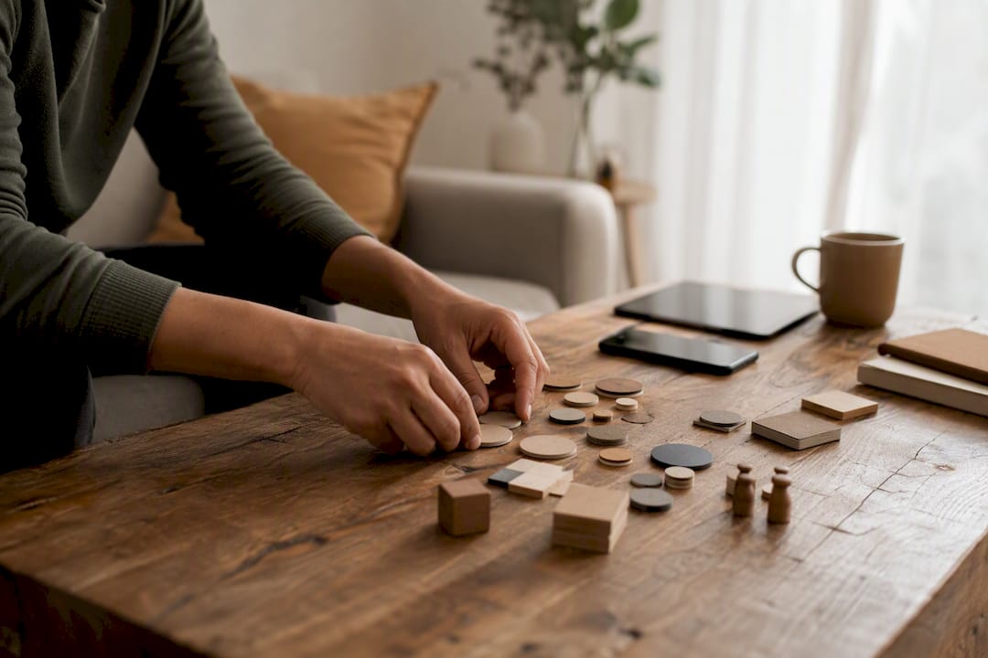 Hands arranging digital tool tokens on desk