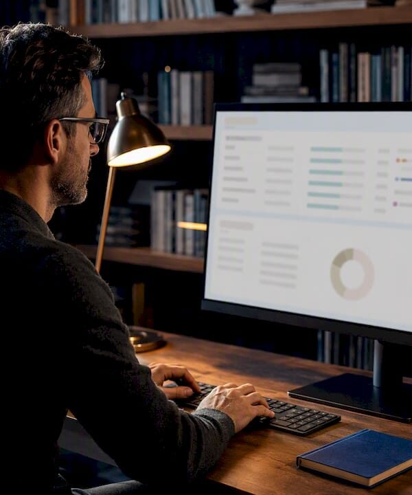 Solo founder reviewing an AI content audit dashboard