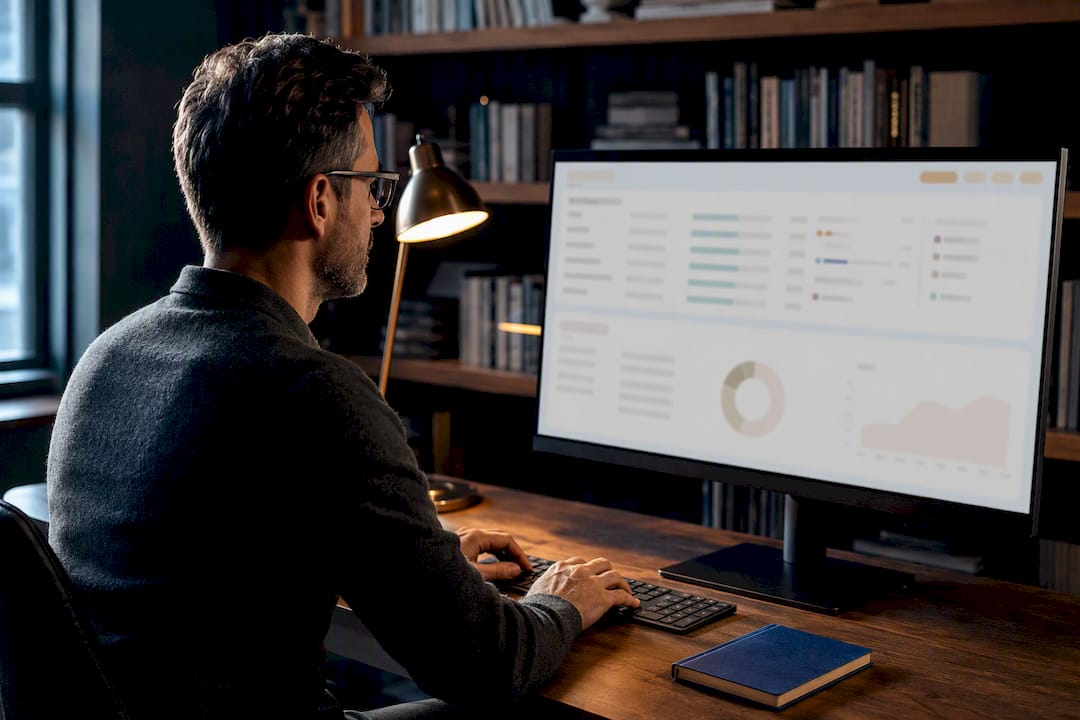 Solo founder reviewing an AI content audit dashboard