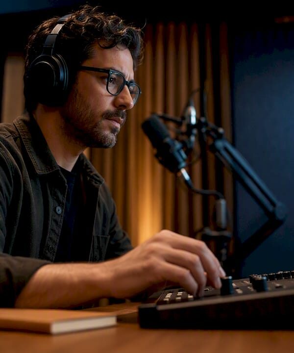Solo podcaster reviewing an AI audio edit